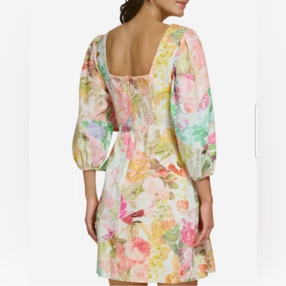 EUC Vince Camuto Linen Aline Dress Floral Print Dress in Ivory and Pastels, Sz 6 - Picture 5 of 16